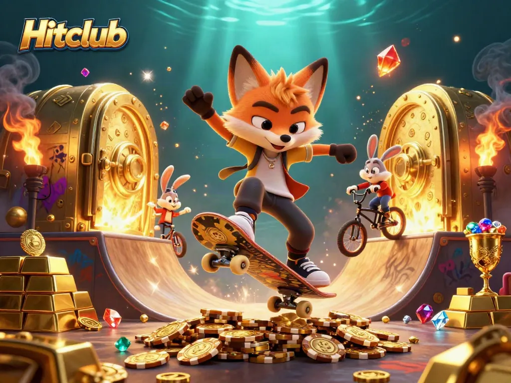 Experience the thrill of Hitclub with a dynamic 3D scene of game characters and golden elements in an energetic casino setting.