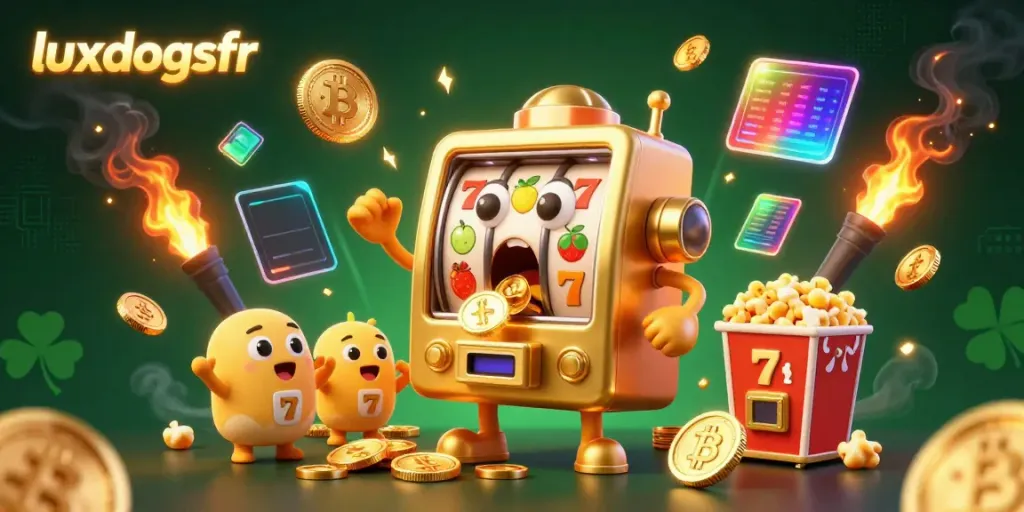 Watch luxdogsfr's cartoon slot machine celebrate hitting a jackpot amidst golden coins and cheering smaller machines.