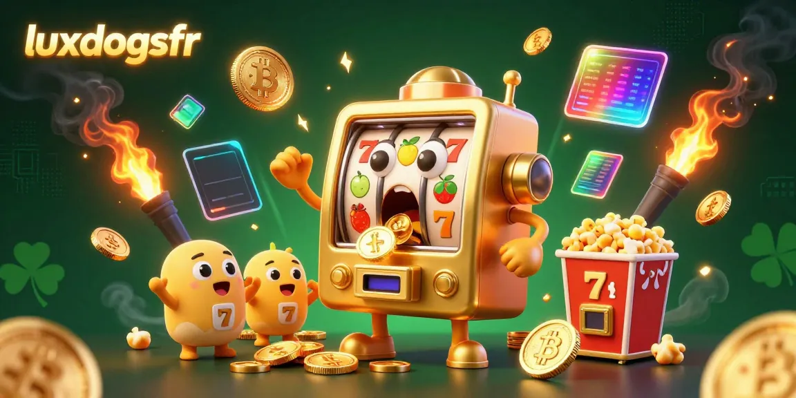Watch luxdogsfr's cartoon slot machine celebrate hitting a jackpot amidst golden coins and cheering smaller machines.