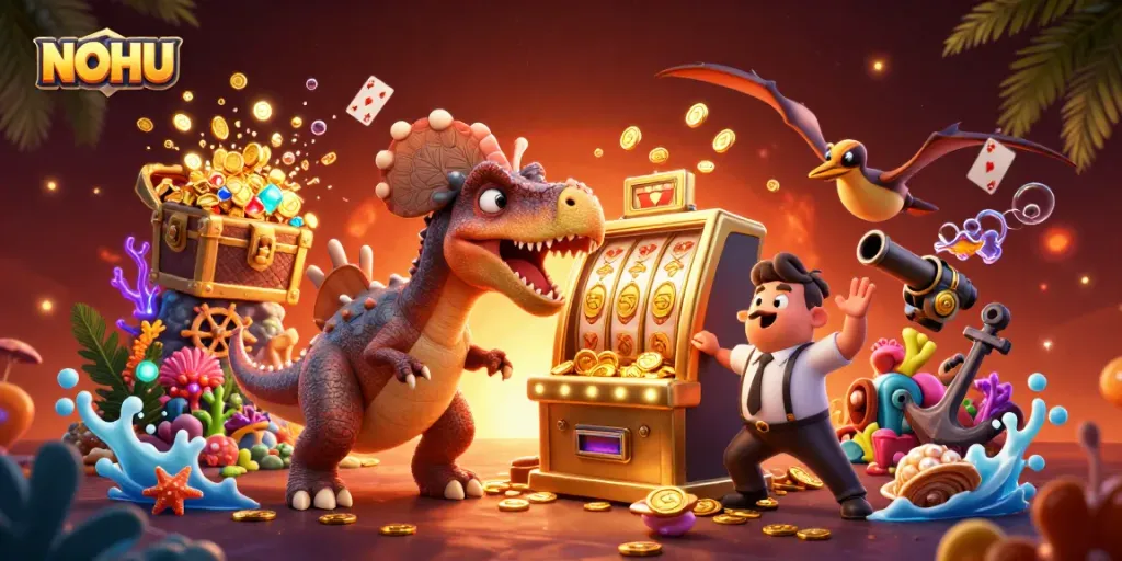 Experience the thrill at NOHU as a pachycephalosaurus engages a slot machine for a jackpot