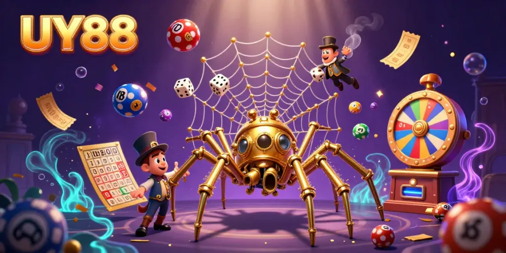 Engaging UY88 casino illustration featuring a steampunk spider catching dice amidst colorful lottery balls.
