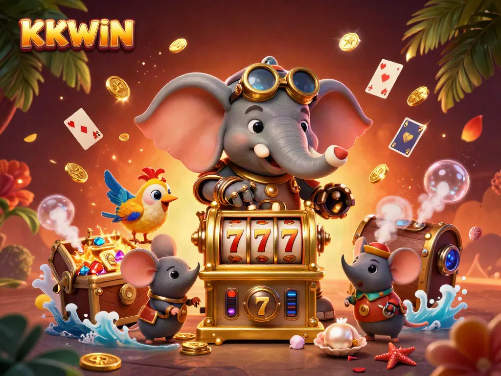 Spin the golden slot machine with KKWIN featuring a whimsical steampunk elephant engineer.