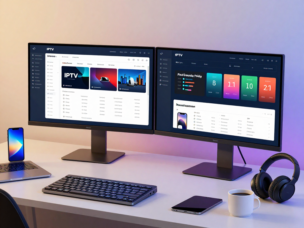 Iptv reseller dashboard view with subscription metrics on dual monitors, showcasing advanced software interfaces and user-friendly design.