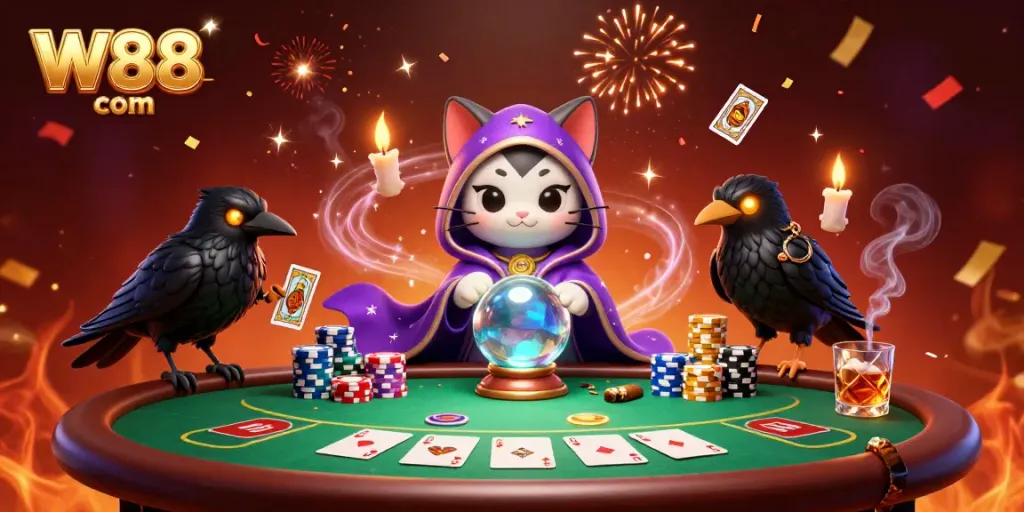 Enjoy unique gameplay at W88 com with a mystical illustration of fortune tellers and poker elements.