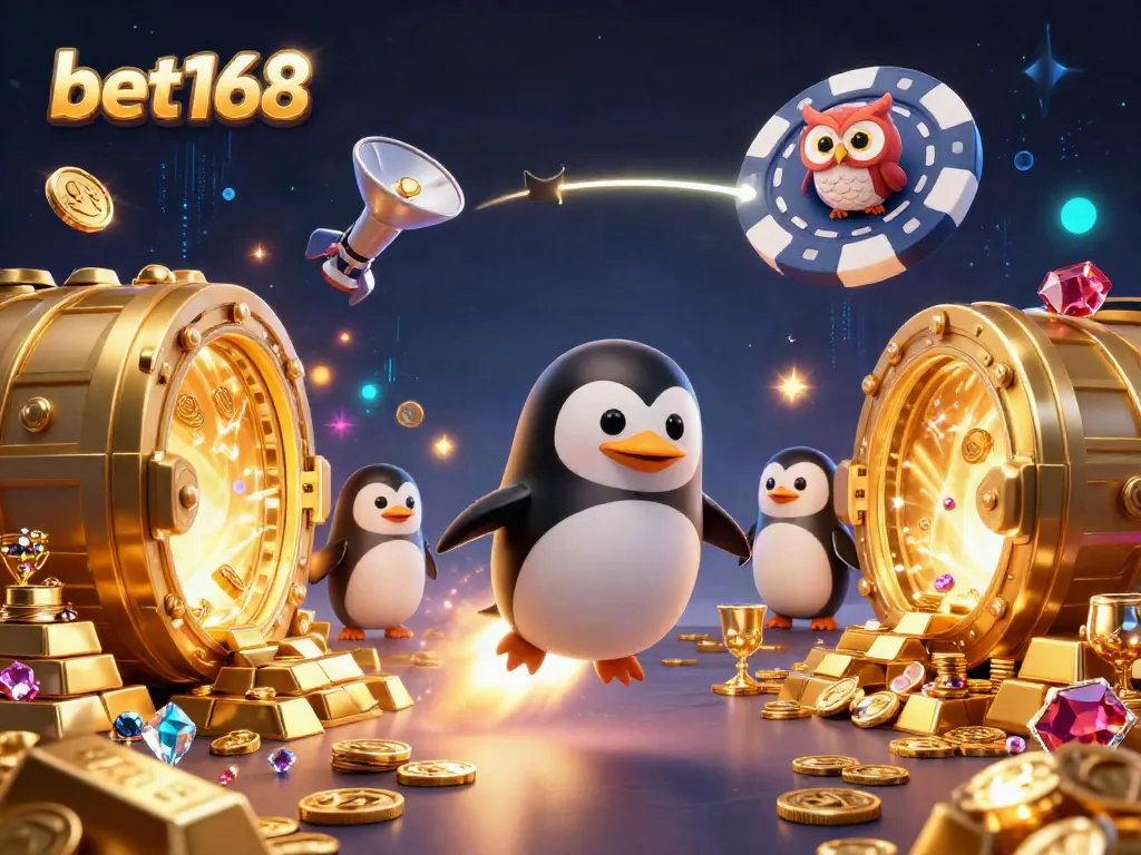 Experience thrilling gameplay at bet168 with a whimsical rocket-powered penguin in a dynamic casino space scene.