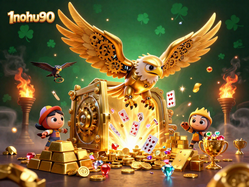 Engage in thrilling gameplay at 1nohu90's virtual casino, featuring dynamic eagle characters and vivid treasure elements.