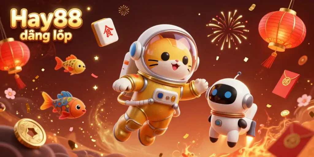 Join the fun with Hay88 đăng nhập, featuring a vibrant space cat and robot dog in a cosmic casino scene.