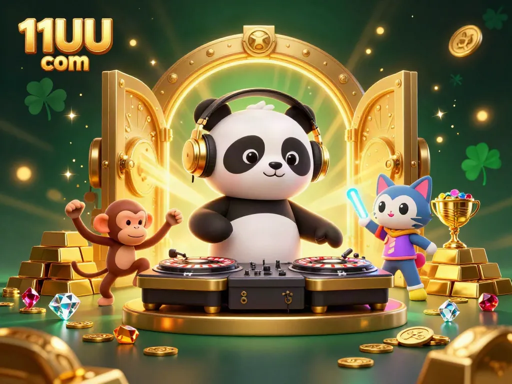 Experience thrilling excitement at 11UU com with a vibrant scene of a DJ panda, dancing monkey, and rave kitten.