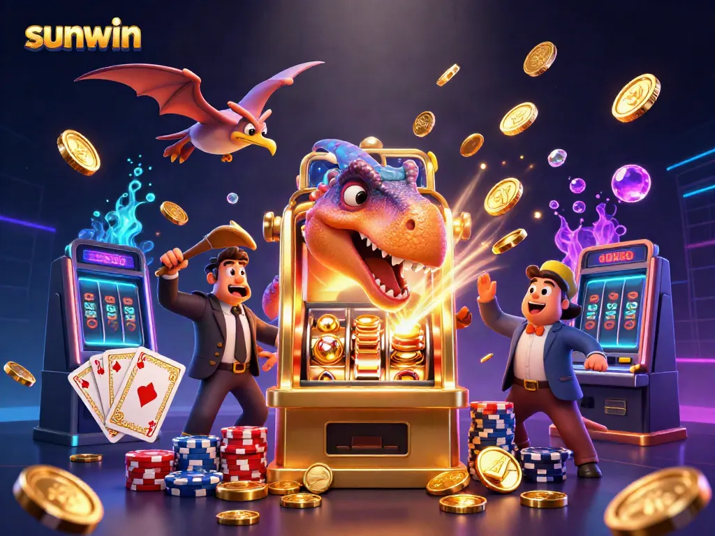 sunwin casino scene with characters celebrating jackpot wins, featuring vibrant colors and dynamic casino elements