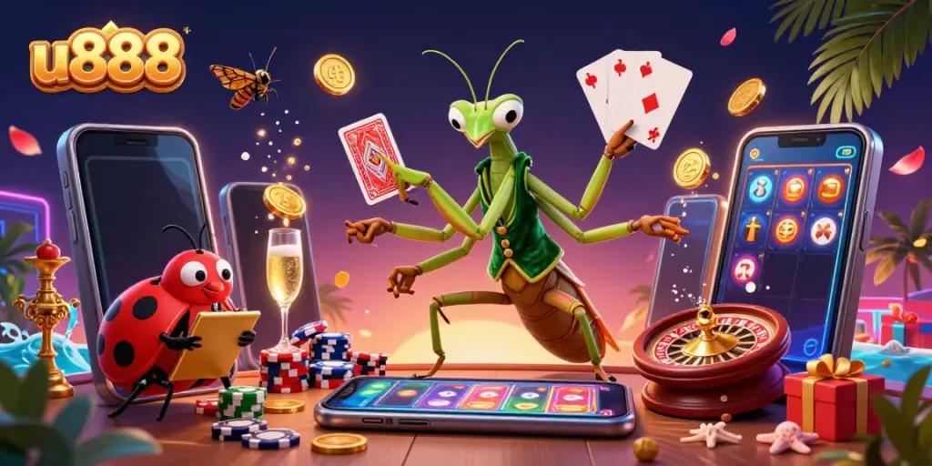 Engage in thrilling gameplay at u888 with the giant mantis dealer and ladybug pit boss in a vibrant casino scene.