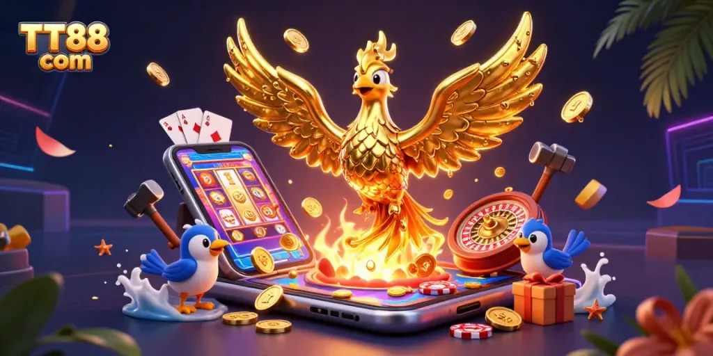 Engage with thrilling gameplay at TT88 com, featuring a golden phoenix and vibrant casino elements.