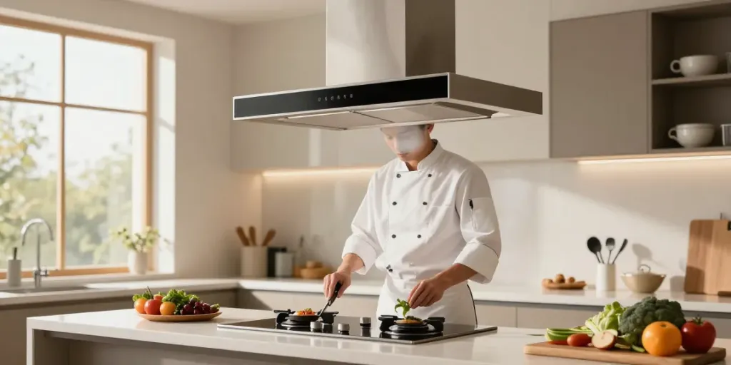 Hotte aspirante sans évacuation dans une cuisine moderne, avec un chef préparant un plat et des ingrédients frais sur le plan de travail.