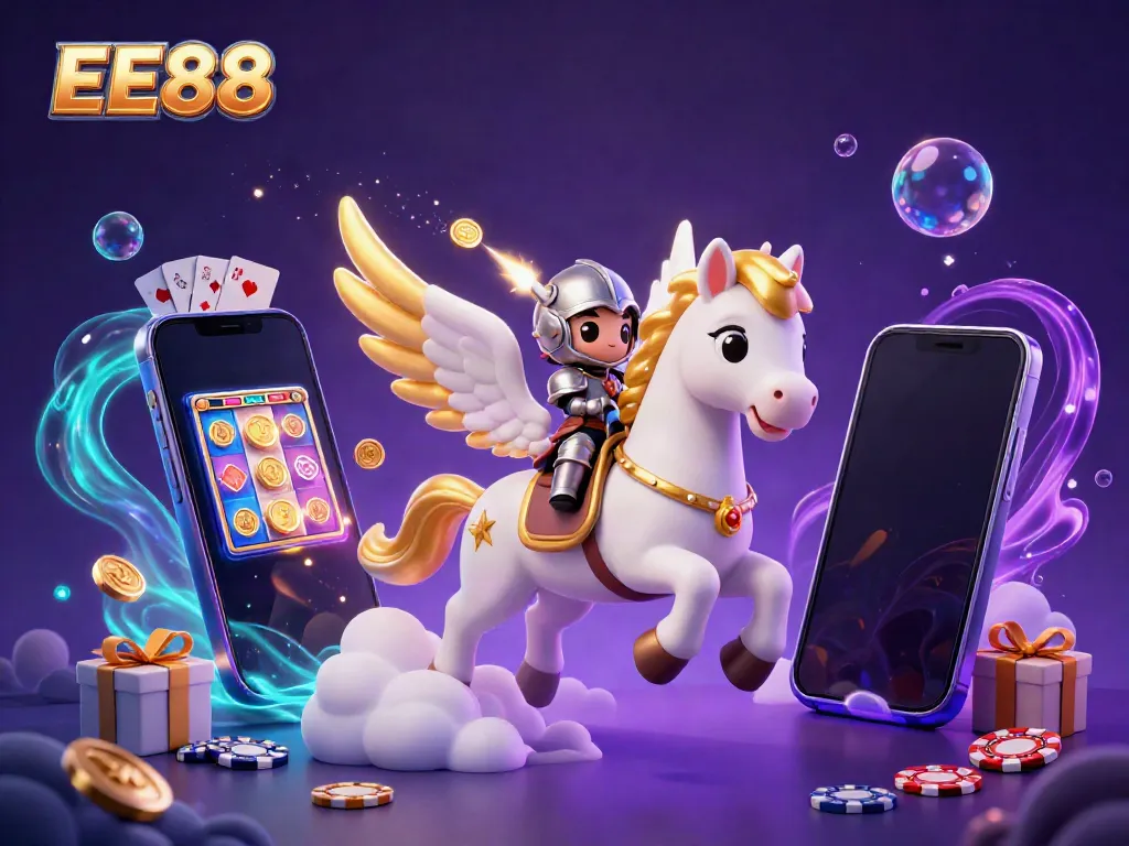 Experience the thrilling gaming journey at EE88 with a celestial horse and a knight amid a vibrant casino scene.