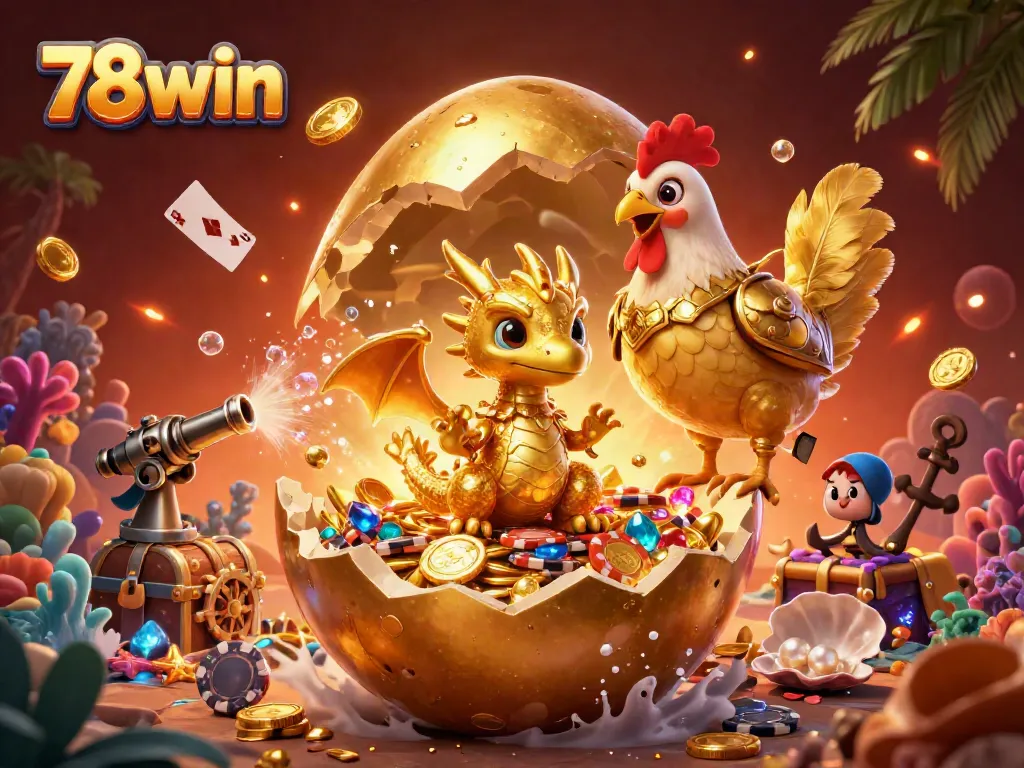 Experience the thrill of 78win, featuring a golden dragon on poker chips amidst a treasure explosion.