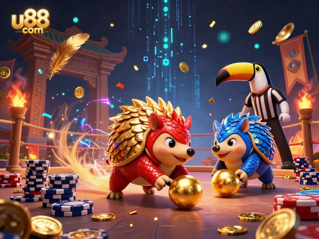 Experience exhilarating gameplay at u88 com, where rival pangolins engage in exciting casino action amidst vibrant visuals.