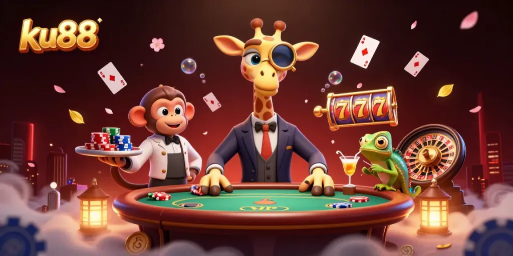ku88 the exciting online casino scene with a high-roller giraffe, monkey valet, and chameleon bartender