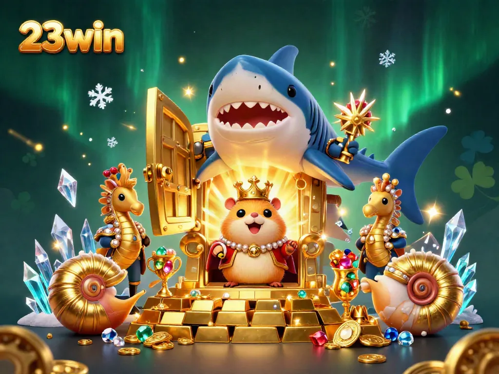 Experience thrilling wins with 23win and its vibrant cartoon casino-themed illustration featuring treasure and adventure.