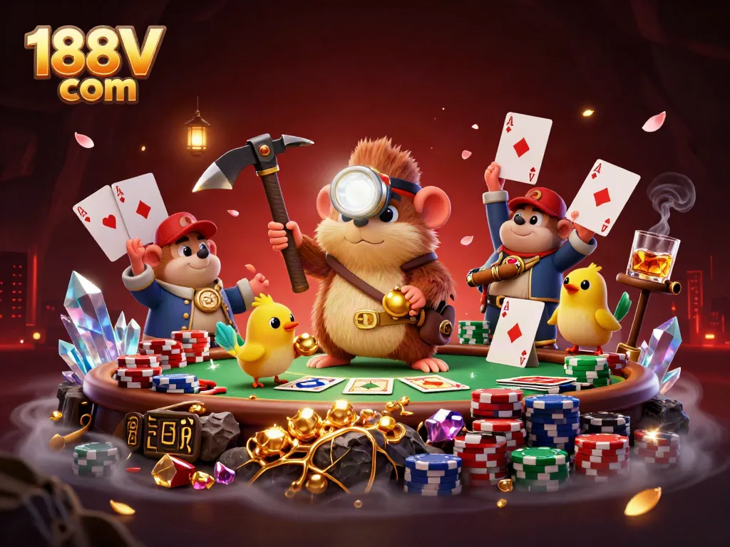 Experience the exciting world of 188V com with a treasure hunter mole and golden gems in vibrant 3D!