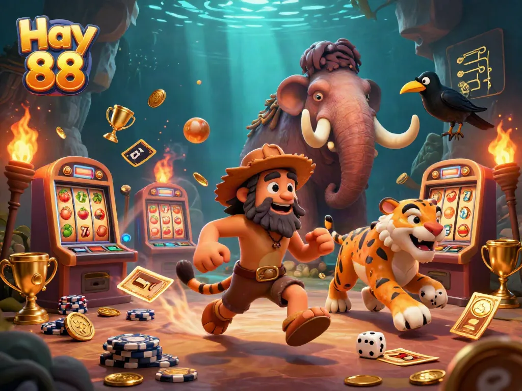 Experience exciting gameplay at Hay 88 with a vibrant prehistoric casino scene featuring slot machines and unique characters.