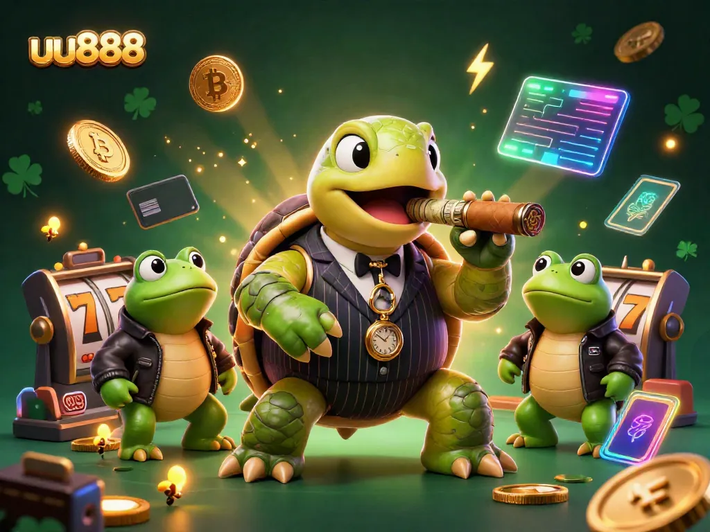 Join the thrilling slots action with uu888, featuring a stylish turtle mobster and enforcer frogs.