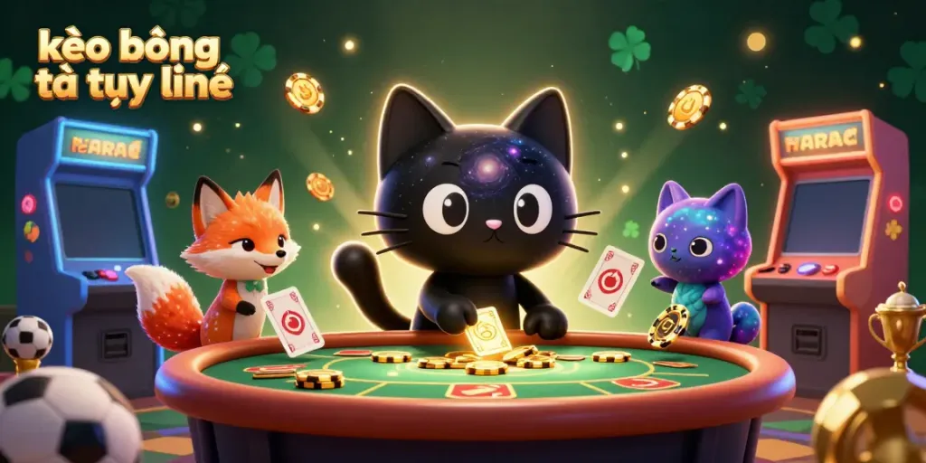Witness the feline charm of kèo bóng đá trực tuyến as a swirling cat draws in golden chips at a cosmic betting table.
