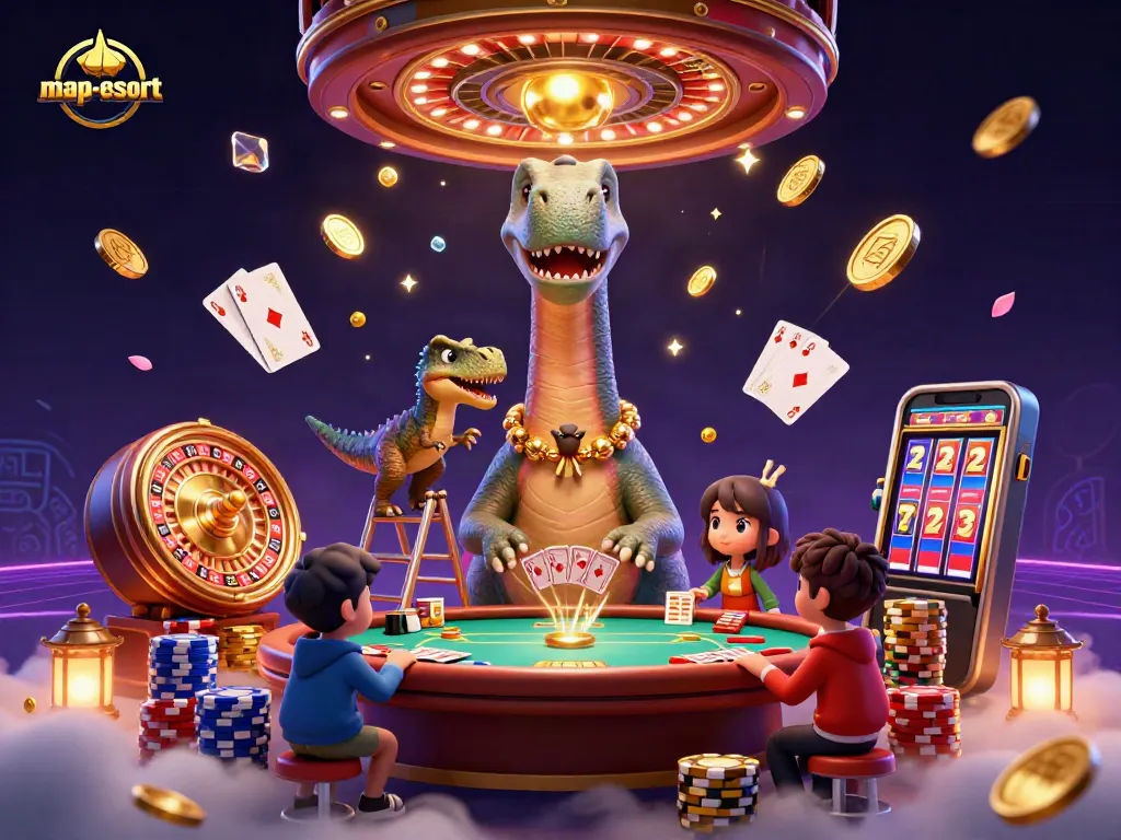 Engage with the vibrant map-escort scene featuring a brontosaurus in a casino.