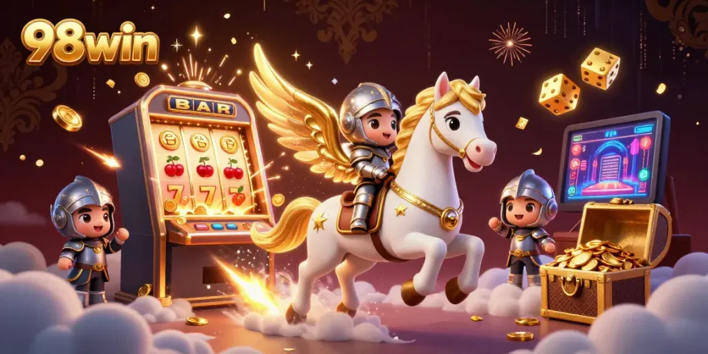 Experience thrilling wins at 98win with a vibrant, action-packed casino scene featuring slots and characters.