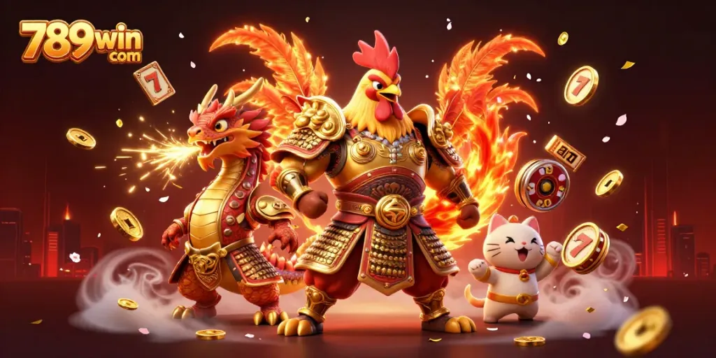 Experience thrilling gameplay with 789win com featuring a rooster warrior, dragon, and slot elements.