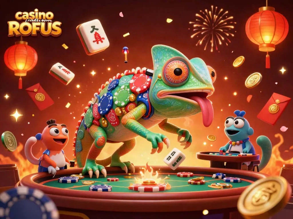 Experience exciting games at casino uden om ROFUS with a vibrant chameleon owner and festive elements.