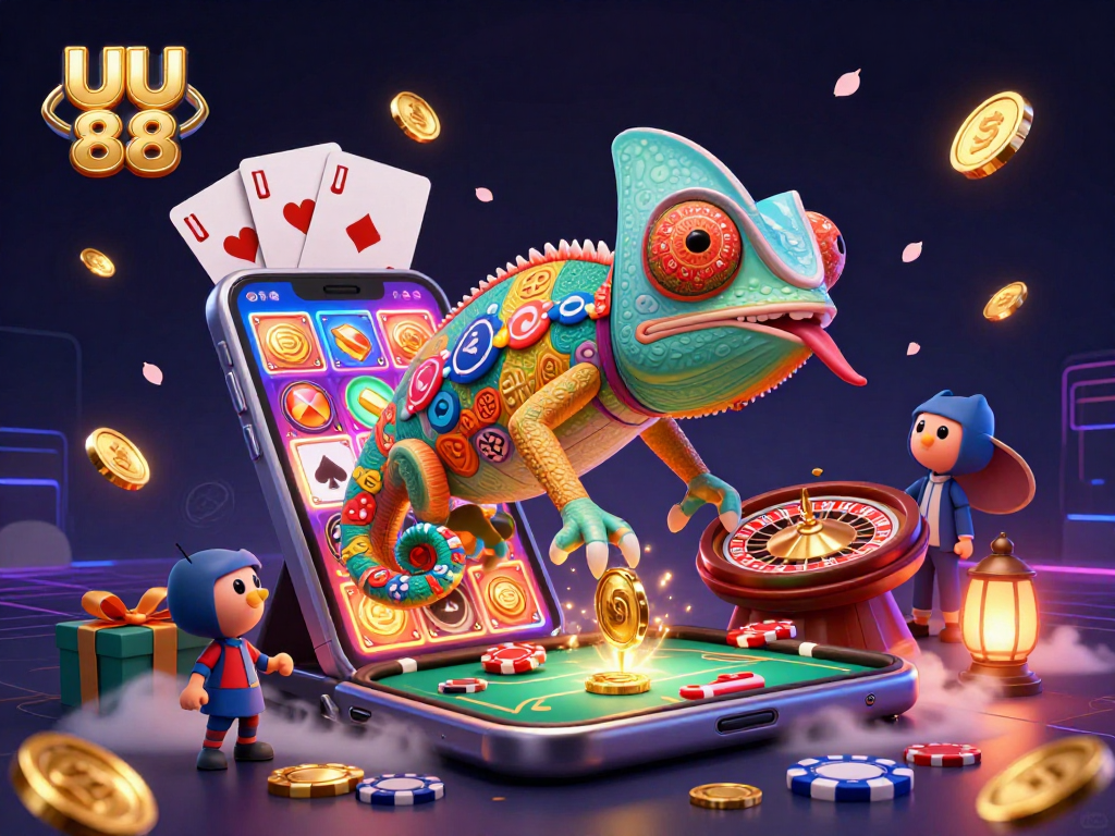 uu 88 chameleon casino owner catches golden coins while surrounded by gambling games.
