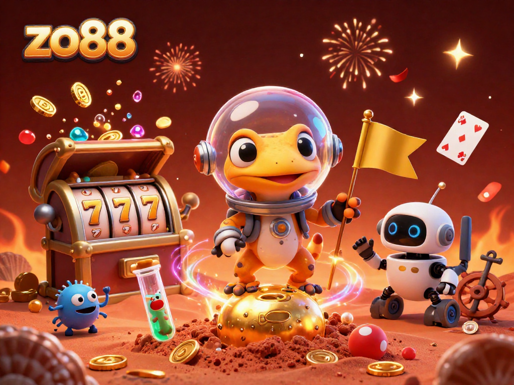Experience the excitement of zo88 with a vibrant Martian gecko discovering a hidden casino.