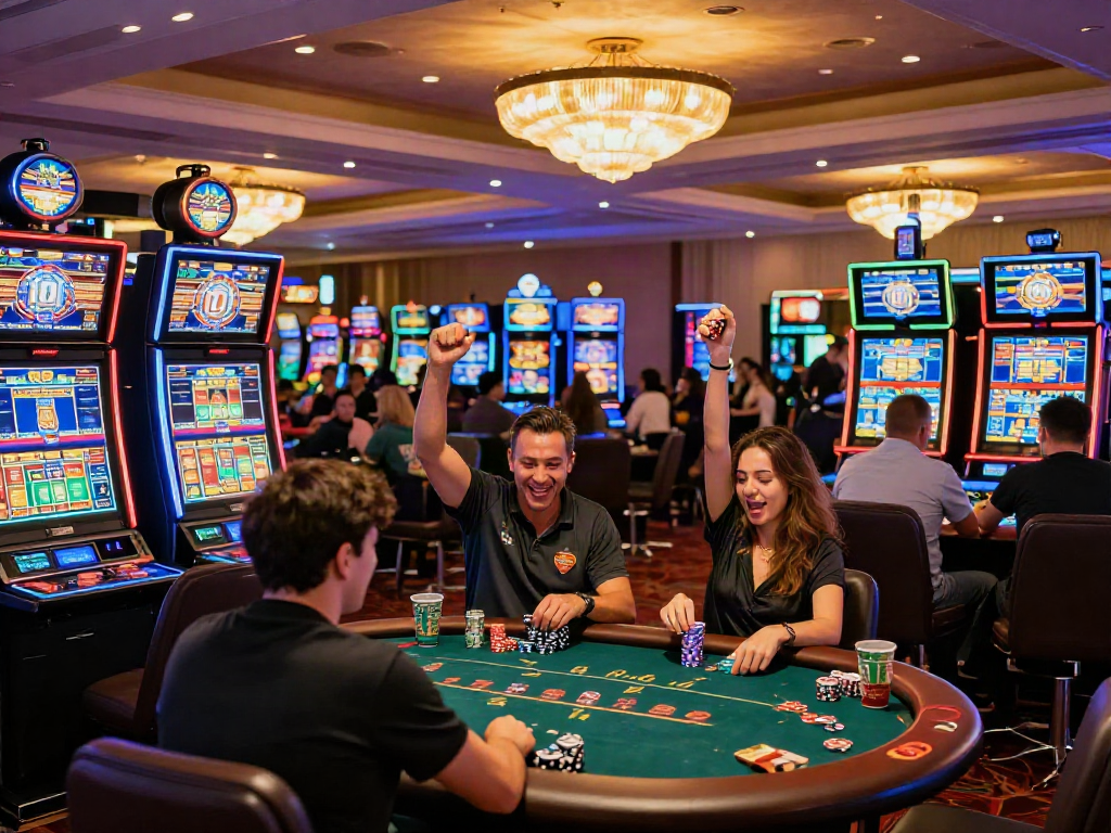 Des joueurs profitant du casino en ligne le plus payant, entourés de machines à sous et de tables de jeu animées.