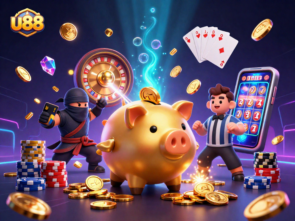 Play games to win big at u88 casino featuring a golden piggy bank sumo, wallet ninja, and samurai referee.