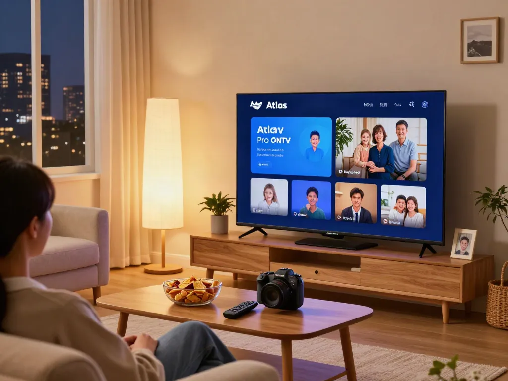 Profitez d'une soirée cinéma avec l'application atlas pro sur un téléviseur intelligent dans un salon confortable.