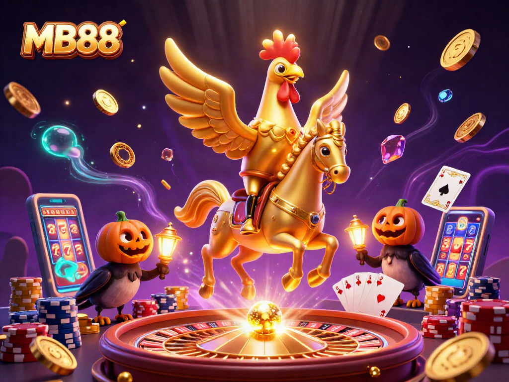 Experience thrilling gameplay with MB88 as a golden rooster in a vibrant casino atmosphere full of excitement.