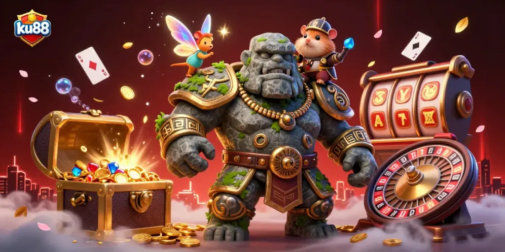 Engage with the excitement of ku88's vibrant gaming scene featuring cartoon characters and dynamic casino elements.