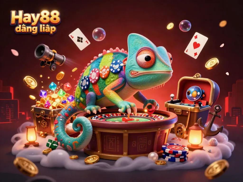 Join the excitement at Hay88 đăng nhập with a chameleon casino owner collecting golden coins.