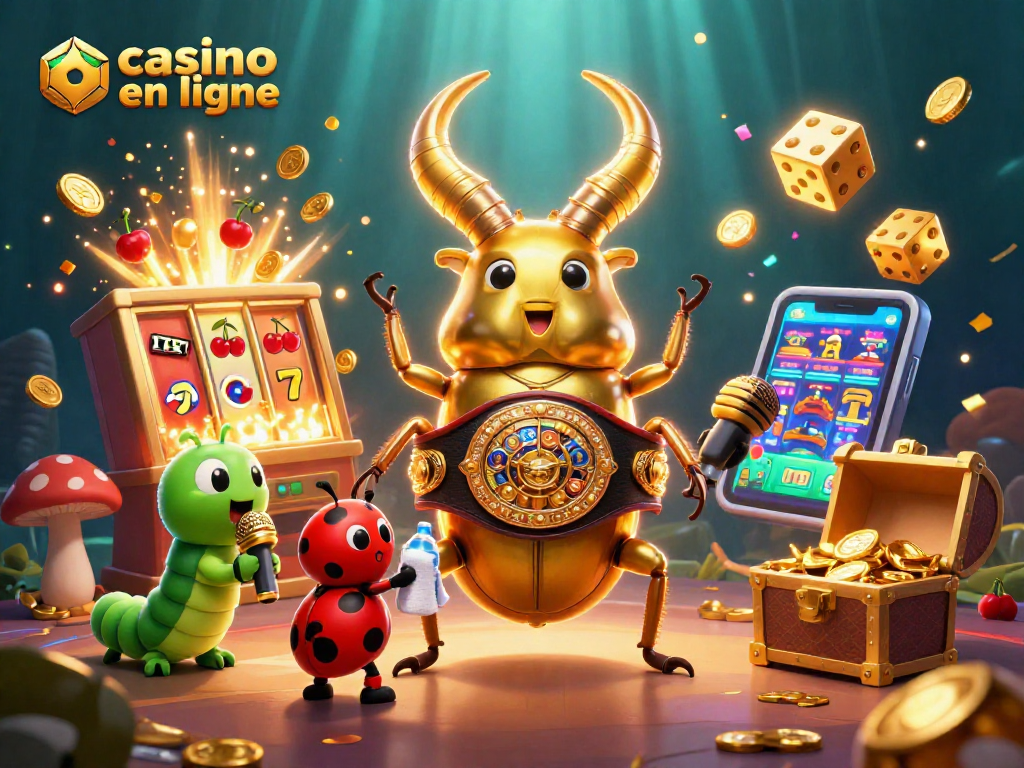 Un combat dynamique au casino en ligne avec un scarabée géant doré face à un petit coccinelle, entouré de jeux et de jackpots.