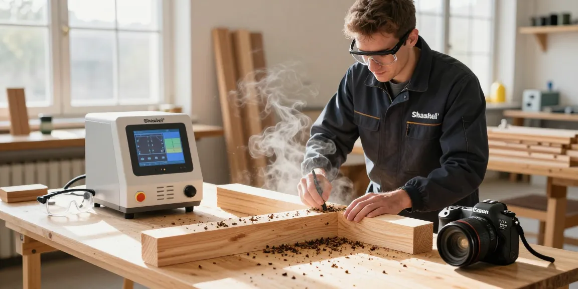 Traitement du bois avec Shashel® dans un atelier, technicien en sécurité utilisant technologie de micro-ondes.