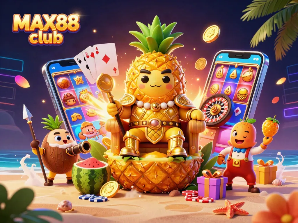 Experience excitement with games at MAX88 club, featuring vibrant characters and dynamic casino elements.