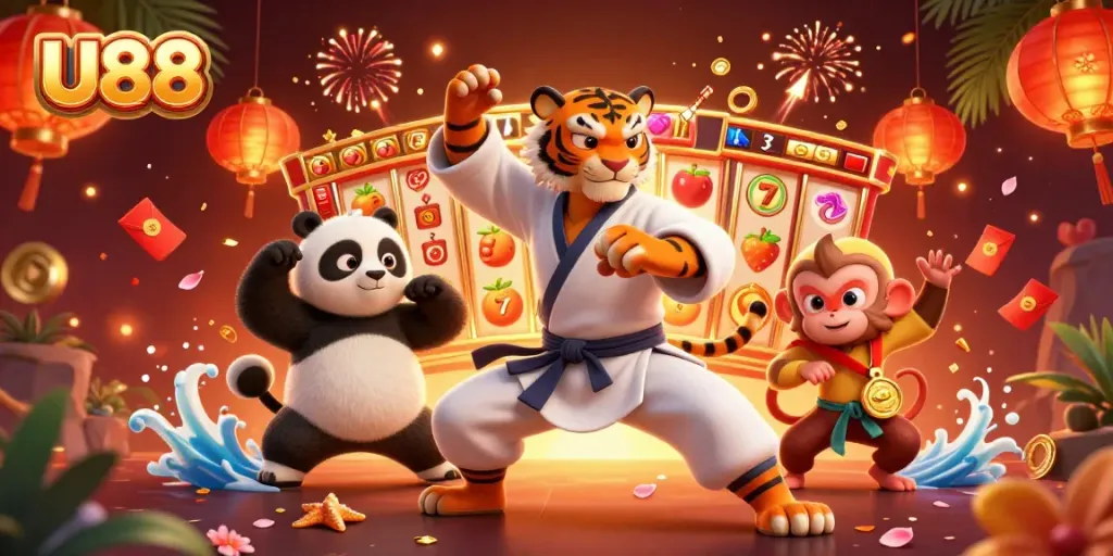 Engage in thrilling spins at U88, featuring dynamic slot reels and playful characters in a vibrant casino scene.