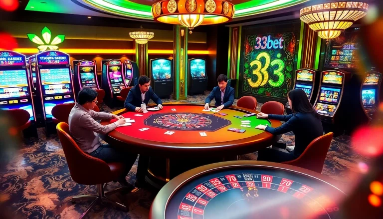 Engaging players at the 333bet blackjack table amidst a vibrant casino atmosphere filled with excitement.