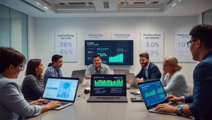 Équipe discutant des stratégies de vérification d'e-mail dans un environnement de bureau moderne, soulignant l'importance de la vérification d'e-mail pour un marketing efficace.