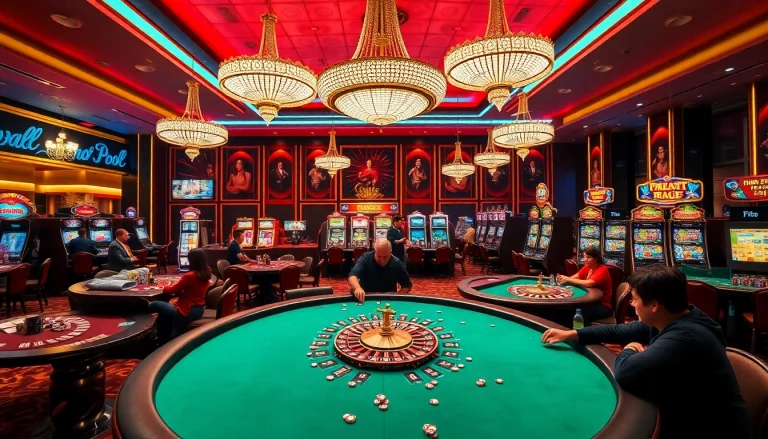 Experience F168 by playing at a luxurious casino with vibrant poker and roulette tables.