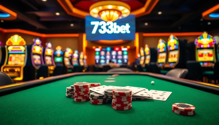 Players enjoying a thrilling gaming experience at 733bet casino, surrounded by vibrant lights and gaming action.