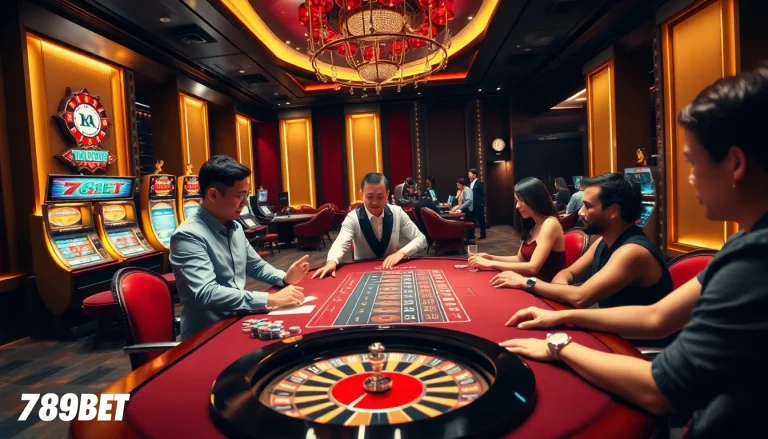 Engaging players enjoy excitement at a 789BET casino table surrounded by luxury decor