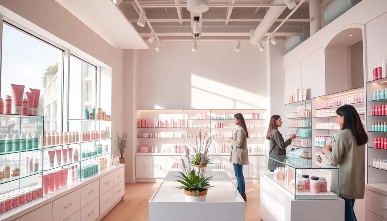 K Beauty Sverige-produkter visas i en elegant skönhetsbutik som framhäver koreansk hudvård.