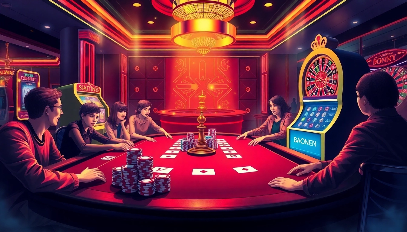 Engage in a thrilling high-stakes game at https://tk88t.org/ with luxurious poker tables and vibrant casino elements.
