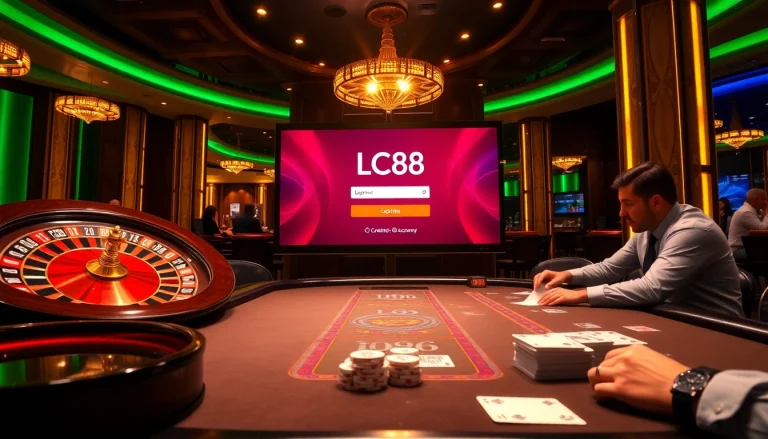lc88 đăng nhập screen with vibrant casino elements featuring roulette and poker chips