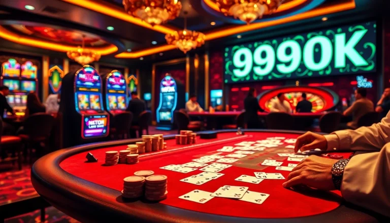 Engaged players at the 99OK casino showcasing an exciting poker game with colorful chips and cards.